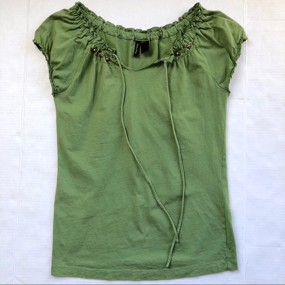 Molly Maxi Peasant Top Beaded Ruched Green Small - Picture 2 of 8